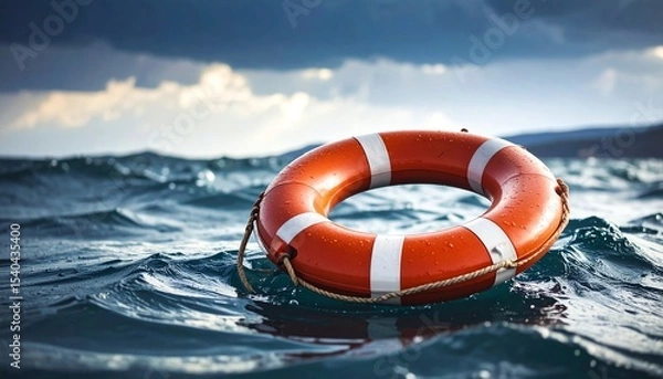 Obraz Life preserver floating on ocean waves during a storm with dark clouds and turbulent waters all around it