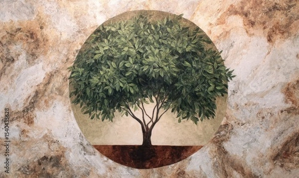 Obraz Green Tree in Circular Frame on Wall
