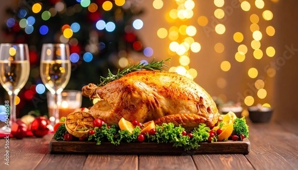Obraz Roasted turkey placed on a wooden platter surrounded by fresh vegetables and a glass of champagne for celebration