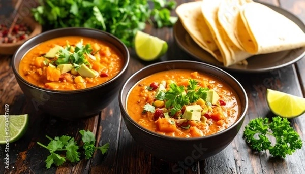 Obraz Flavorful chicken torta soup beautifully displayed in two bowls ideal for sharing with family and friends