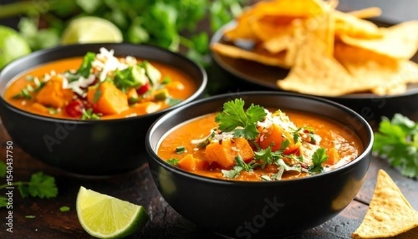 Obraz Three bowls of flavorful soup with torta chips perfect for a comforting meal to share with loved ones
