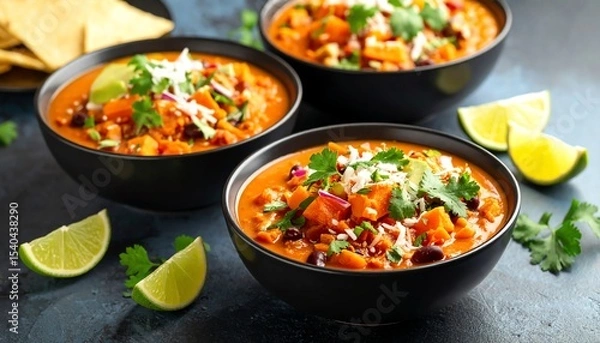 Obraz Three bowls of traditional mexican chicken torta ready to delight taste buds with rich and flavorful ingredients