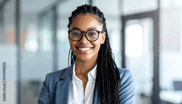 Obraz Happy young african business woman smiling brightly in stylish business casual attire with glasses and braids