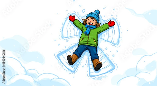 Fototapeta New Year. Happy child making snow angels in winter snowy environment  