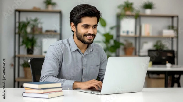 Fototapeta Smiling indian business man working on laptop. Young indian student or remote teacher using computer remote studying, virtual training, watching online education webinar.