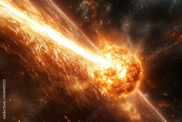 Fototapeta A bright orange comet is streaking across the sky above a mountain range