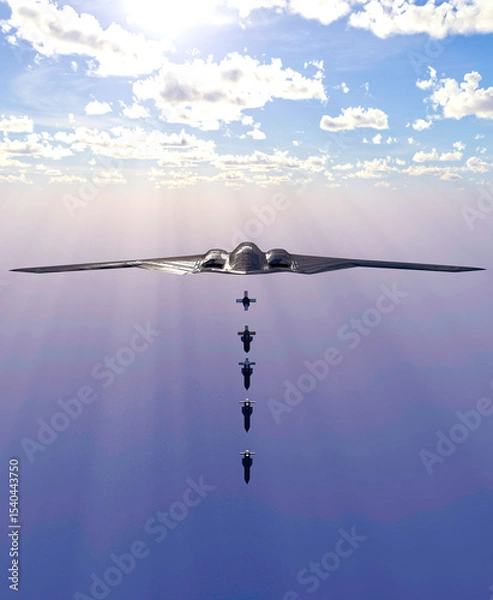 Obraz B-2 Spirit, Stealth Bomber, heavy strategic bomber, stealth technology designed to penetrate dense anti-aircraft defenses and GBU-57 MOP (Massive Ordnance Penetrator) bunker buster bomb. 3d rendering