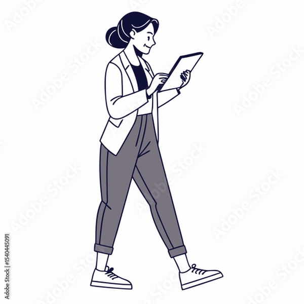 Fototapeta Woman walking using tablet digital device technology modern lifestyle