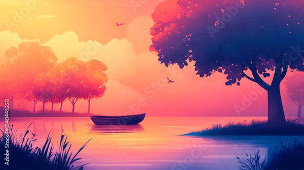 Fototapeta Landscape of a boat on a lake in the forest at sunset