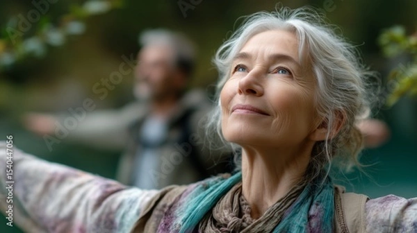 Obraz Embracing nature a joyful woman in a forest inspirational photography serene environment uplifting perspective