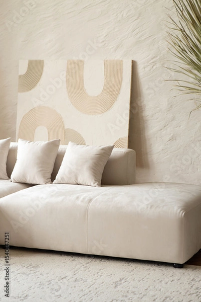 Obraz A spacious living area showcases a contemporary sectional sofa adorned with cushions, complemented by a large dried palm plant in a bright and airy setting.