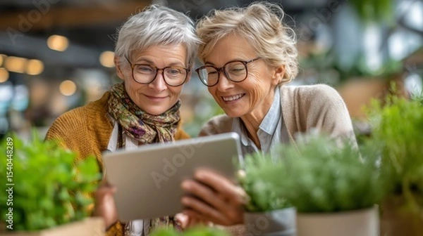 Obraz Two seniors engaged with a tablet in a cozy indoor setting exploring technology amidst lush greenery joyful connection