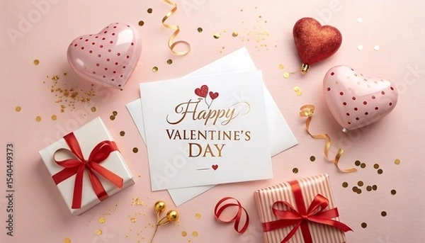 Obraz happy valentines day card with gift box and ribbon