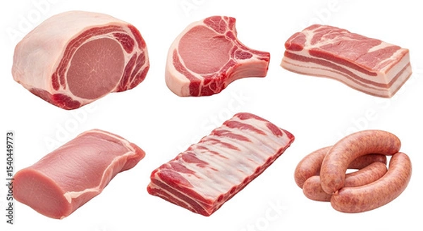 Obraz Selection of raw pork meat cuts for grilling and cooking barbecue ribs bacon sausage chop loin roast on transparent background