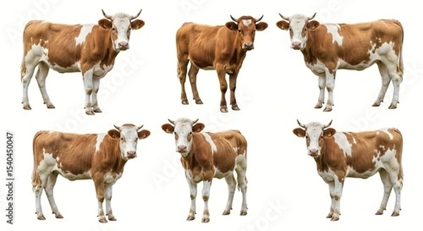 Obraz Brown and white cows isolated on white background farm animals cattle livestock dairy cows agriculture farming