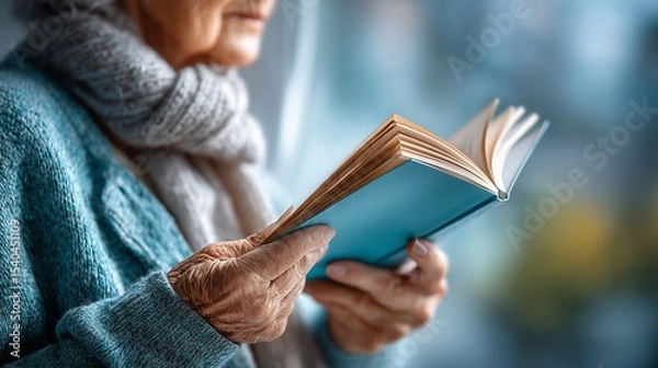 Obraz Elderly woman reading book cozy indoor setting lifestyle portrait intimate perspective relaxation concept