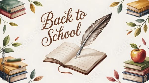 Obraz Back to School Illustration Featuring Books, Quill Pen, and Apple with Leafy Decoration