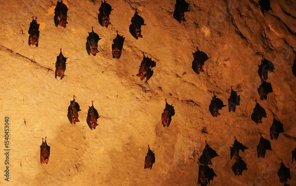 Obraz A flock of bats sleep on the ceiling in Chomphon Cave, Ratchaburi Province,Thailand.