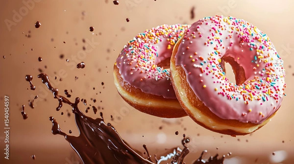 Obraz Pink frosted donuts with sprinkles and chocolate splash