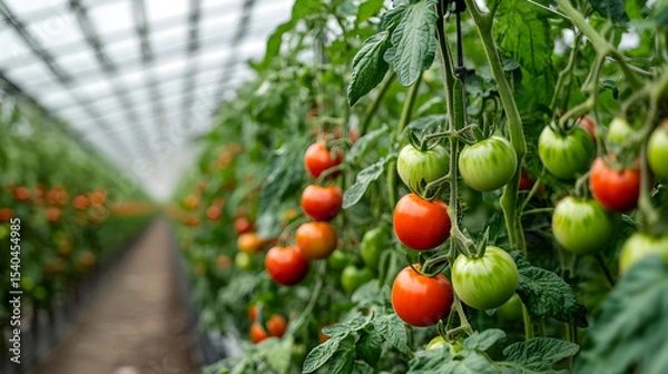 Obraz Fresh tomatoes ripening on vines in greenhouse
