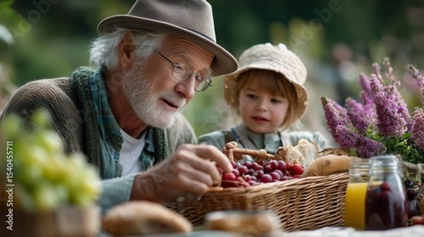 Obraz Grandfather and granddaughter picking grapes in a quaint garden family bonding outdoor activity serene atmosphere