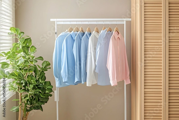 Obraz Elegant pastel shirts on hangers in minimalist interior with green plant