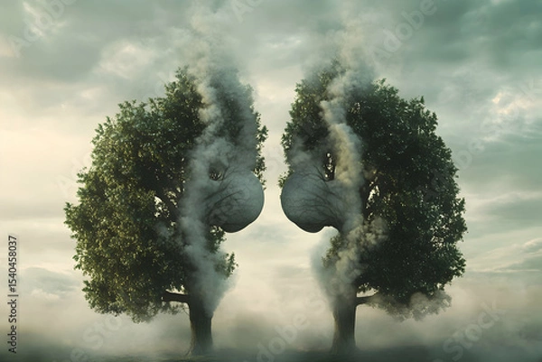 Obraz Surreal tree silhouettes resembling human lungs in misty landscape