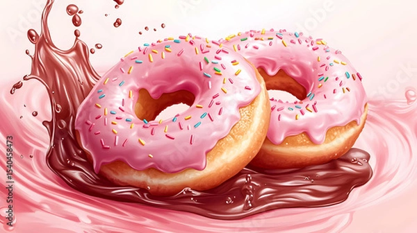 Obraz Two pink frosted donuts with sprinkles on chocolate and strawberry swirl