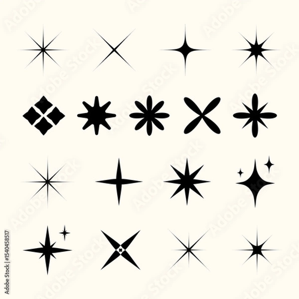 Obraz Minimalist Black Star Icons and Sparkle Symbols Pack in Retro Style.Vector set of black star icons featuring sparkle, twinkle, and burst shapes in various symmetrical and abstract styles