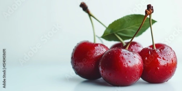 Obraz Fresh Cherry Delight: A close-up shot highlights the vivid redness and water droplets on ripe cherries.