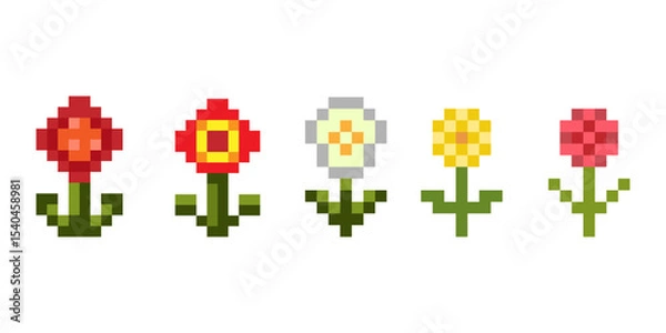 Obraz Pixel Art Flowers Set in Retro 8 Bit Style. Set of colorful pixelated flowers in retro style featuring red, yellow, white, and pink blooms with green stems on a white background. Vector illustration