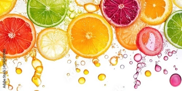 Obraz Vibrant Citrus Symphony: A captivating composition of fresh, juicy citrus fruit slices, bursts of colors and textures. This image is a refreshing ode to nature's palette.