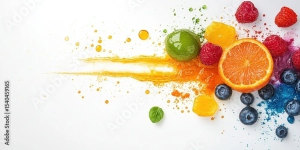 Obraz Vibrant Fruit Burst: A colorful assortment of fresh fruits explodes with artistic flair, presenting a visually stunning representation of nature's delicious offerings.