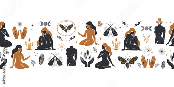 Obraz Mystical Bohemian Pattern Border with Female Silhouettes Crystals, Hands, and Moon Phases.Ethnic pattern with female silhouettes, hands, moths, crystals, and botanical elements. Vector illustration
