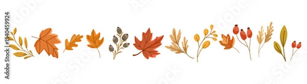 Obraz Vector set of Autumn themed elements with fall leaves, berries, acorns, branches in warm seasonal colors, perfect for DIY projects, greeting cards, invitations, packaging, scrapbooking, decorations