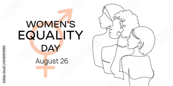 Obraz Minimalist line art banner for Women's Equality Day on August 26 featuring diverse female profiles and gender equality symbol, for awareness campaigns, social media posts, posters.Vector illustration