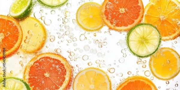Obraz Citrus Burst: A vibrant array of citrus fruit slices dance in sparkling water, offering a refreshing and visually appealing experience. 