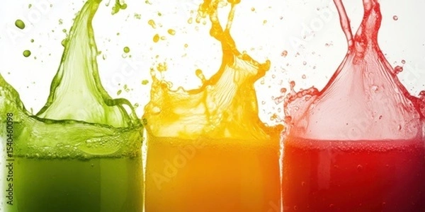 Obraz Rainbow Splash: A vibrant spectacle unfolds as three glasses brim with juices, their colorful contents erupting in an explosion of freshness.