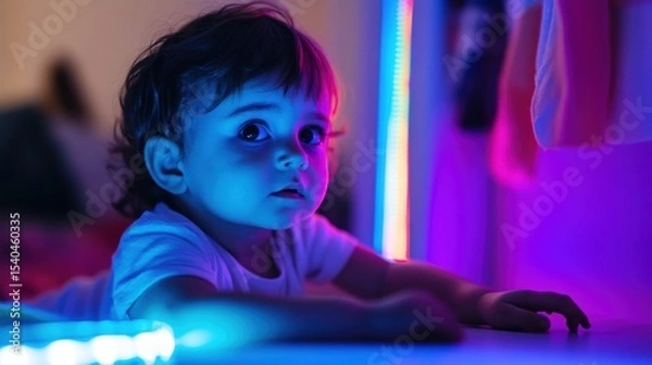 Fototapeta Baby girl lying on table, illuminated by vibrant neon lights, curious expression.