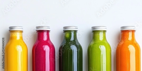 Obraz Colorful Array of Juices: A vibrant display of five glass bottles each brimming with a different hue of fresh, healthy juice, arranged to showcase a spectrum of natural colors.