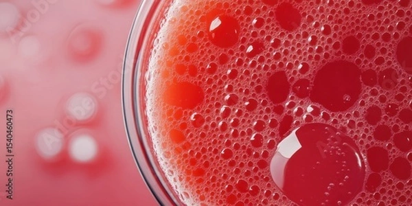 Obraz Bubbling Beverage: A close-up view of a fizzy, crimson-colored drink in a transparent glass, featuring effervescent bubbles and a vibrant, appetizing appearance.