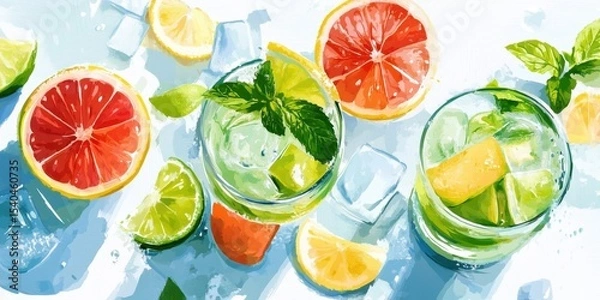 Obraz Refreshing Citrus Cocktails: Top-down shot of chilled cocktails, garnished with fresh citrus fruits and mint, promising a moment of cool refreshment on a bright sunny day. 