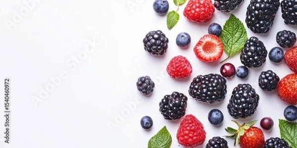 Obraz Berry Bonanza: An artful collection of plump and juicy blackberries, raspberries, blueberries, and strawberries arranged together, each bursting with natural flavor.