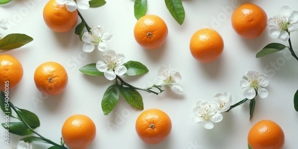 Obraz Mandarin Blossom Harmony: A serene arrangement of vibrant mandarins and delicate white blossoms creates a refreshing harmony, evoking a sense of natural elegance and delightful freshness.