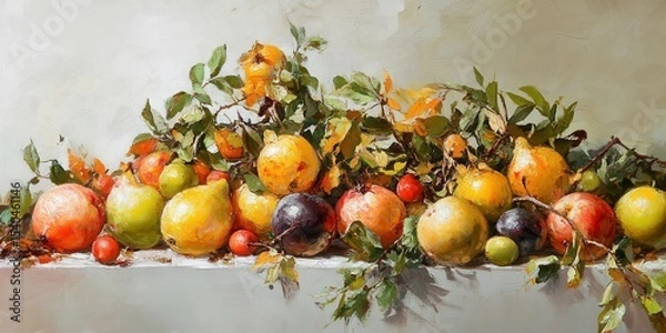 Obraz Still Life: A bountiful and appetizing assortment of vibrant fruit, artistically arranged with fresh green leaves, creating a visually rich and appealing composition. 