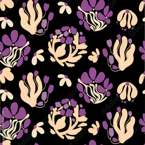 Obraz Seamless floral pattern with abstract purple and beige flowers and organic shapes on black background in modern decorative style,textile prints, fabric design, wrapping paper, wallpaper. Vector