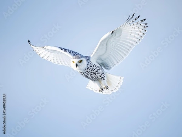 Fototapeta Snowy owl in flight against winter sky, wide wingspan, sharp feather details, cinematic wildlife action scene, Ai Generate.