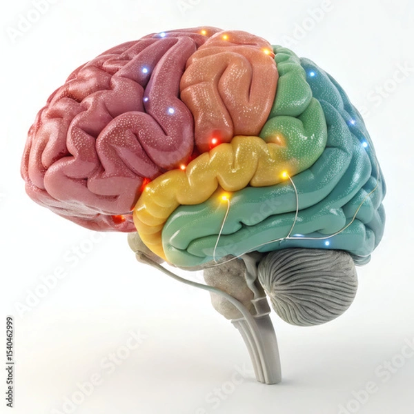 Fototapeta 3D brain illustration, colorful brain anatomy, human brain rendering, neural pathways 3D, anatomical brain model, cognitive science art, medical brain visual, brain health concept, neuroscience symbol