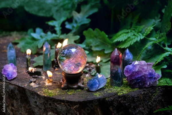 Fototapeta magic crystal ball, minerals and burning candles on tree stump in forest, natural dark background. wiccan witch altar. spiritual practice for meditation, relax. esoteric ritual with gemstones.