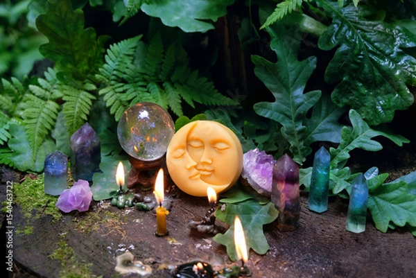 Fototapeta moon amulet, magic crystal ball, minerals and candles on tree stump in forest, natural background. wiccan witch altar. spiritual practice for meditation, relax. esoteric ritual with gemstones.